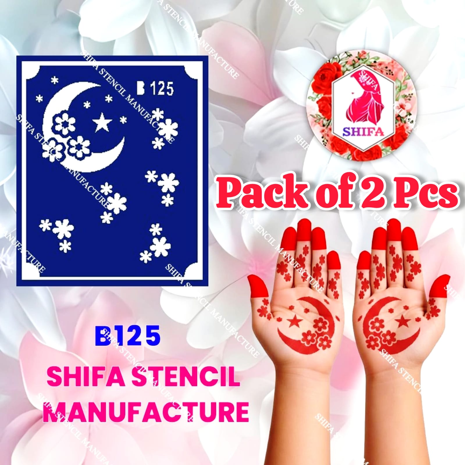 B125 (age 5 to 10) Blossom Moon Serenade Double Hand Henna Stencil - Shifa Stencil